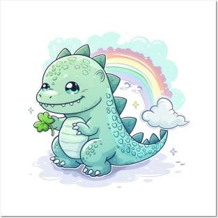 Cute Godzilla happy mood in kawaii cartoon style with rainbow Posters and Art